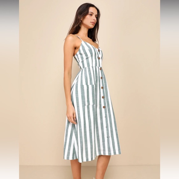 Marseille Mood Green Striped Linen Midi Dress With Pockets - Picture 1 of 4